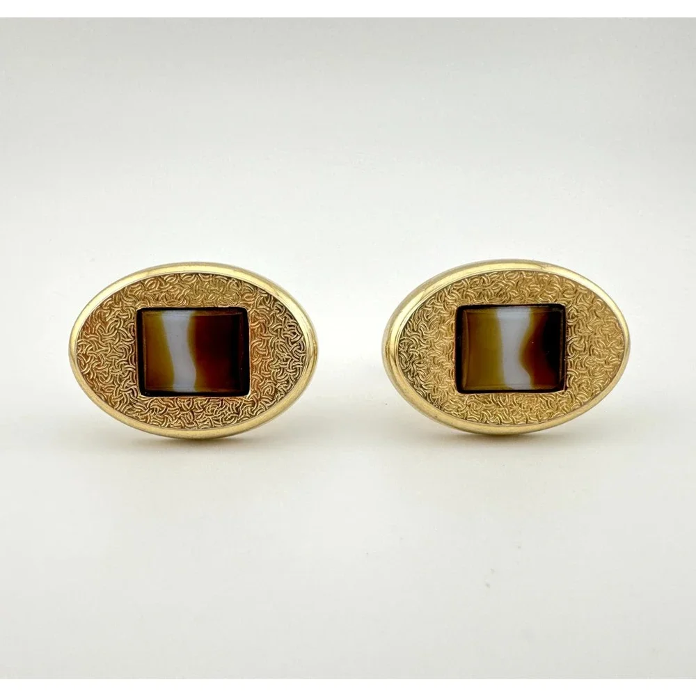 Vintage Hickok Canada Gold Tone Oval Cufflinks Set Inset Glass Rectangle 1